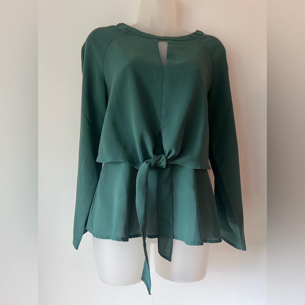 Allegra K Women’s Long Sleeve Tie Front Peplum Blouse Green Size XS NWOT